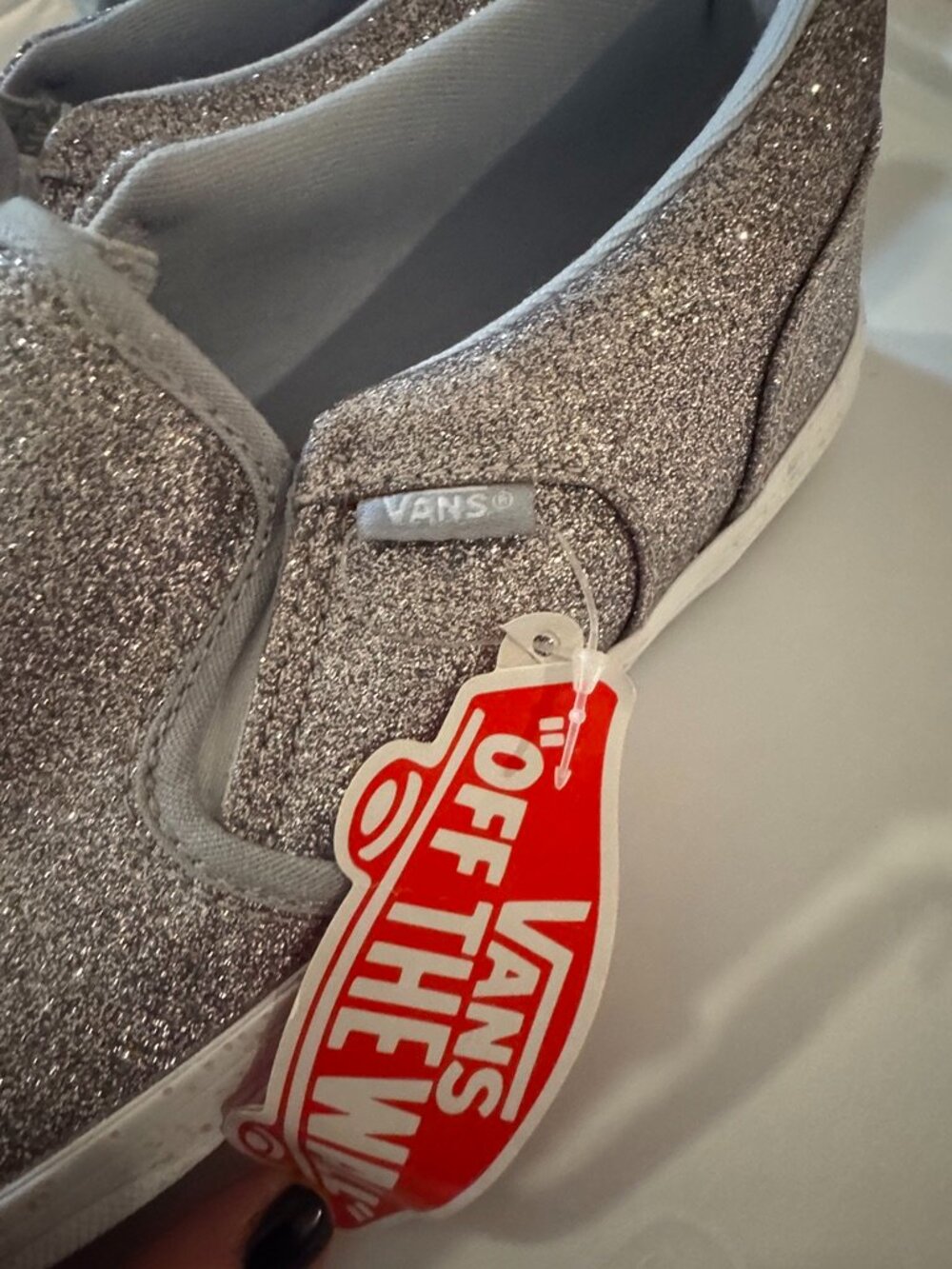 Vans Girls' Missy Silver Glitter Slip-On Sneakers, Size:Girls' 5, New w/Tags - Picture 2 of 6